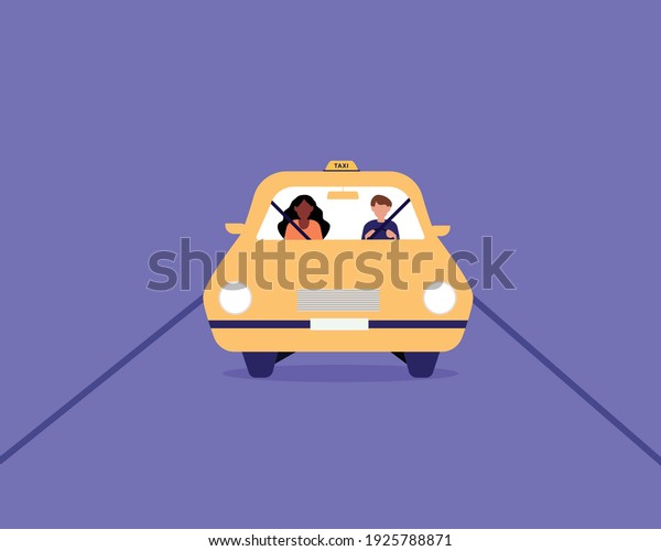 Taxi driver and black skin\
woman  sitting in front seat in cab. A front view of a taxi cab, \
driver and passenger on a front seat. Flat cartoon vector\
illustration