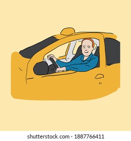 Taxi driver in a blue 
shirt driving yellow taxi car 