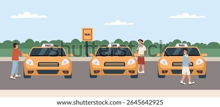 Taxi driver at cabstand. Taxi rank. Taxi drop. Taxi stand. Yellow car. Pickup service. Public transportation. City park. Cityscape. 