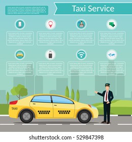 Taxi driver Call with smartphone service background the city flat style illustration background