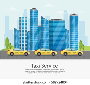 Taxi driver Call with smartphone service background the city flat style illustration skyscraper background