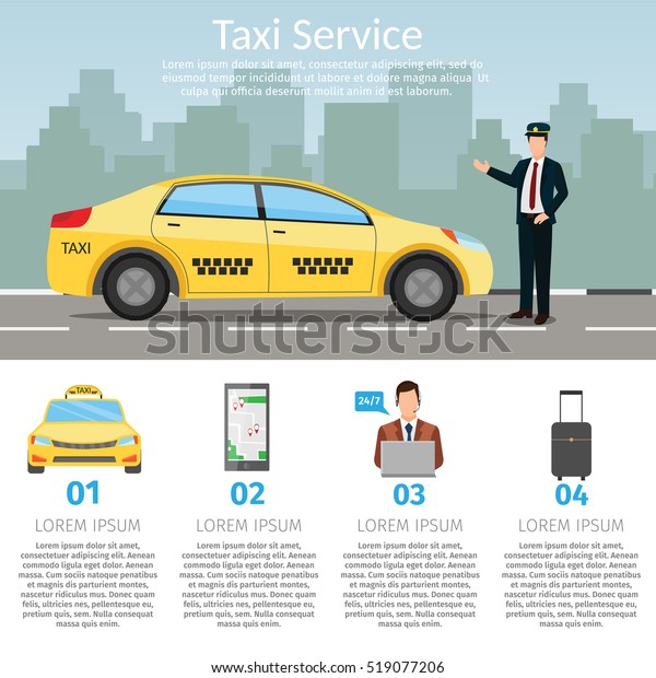 Taxi driver Call with smartphone\
service background the city flat style illustration\
background