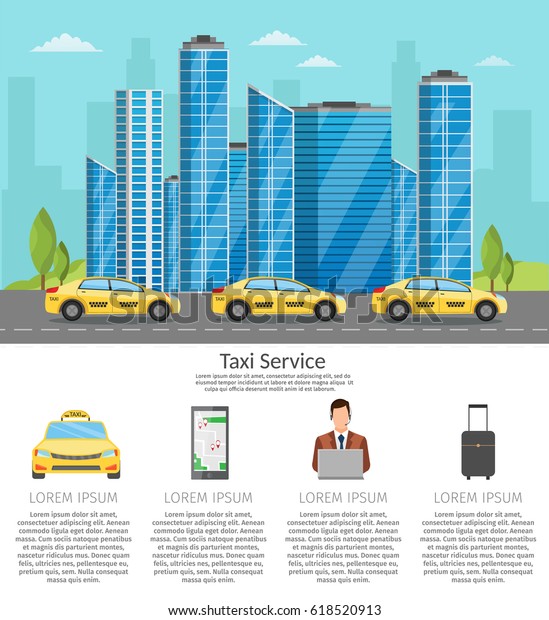 Taxi driver Call with\
smartphone service background the city flat style illustration\
skyscraper background