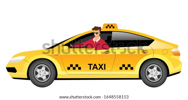 Taxi\
driver in car flat color vector faceless character. Smiling man\
sitting in yellow sedan isolated cartoon illustration for web\
graphic design and animation. Cab delivery\
service