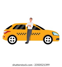 Taxi Driver with Car Isolated Cartoon Character. Happy Cab Driver Standing near Car, Showing Thumbs Up Flat Illustration. Transport Booking. Flat vector illustration isolated on white background