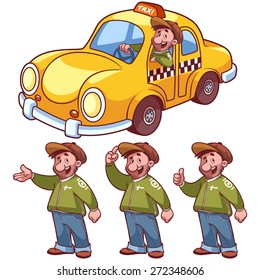 Taxi driver and car on a white background. Vector clip-art illustration.