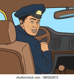 Taxi driver in taxi car pop art style vector illustration. Comic book style imitation. Vintage retro style. Conceptual illustration