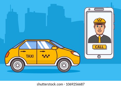 Taxi driver car.Application smartphone.  Yellow cab taxi.Vehicle city urban.Flat line art vector. Concept of design of a banner.