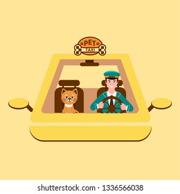 Taxi driver and cat on front seat. Vector illustration in flat style  on white background. Pet travel concept.