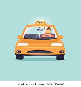 Taxi driver is in a taxi. Character design. Flat design vector illustration.