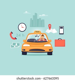 Taxifahrer ist in einem Taxi. Zeichendesign. Flaches Design Vektorillustration Illustration.