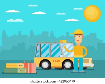 Taxi driver in the city.Flat vector.