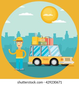 Taxi driver in the city.Flat vector.
