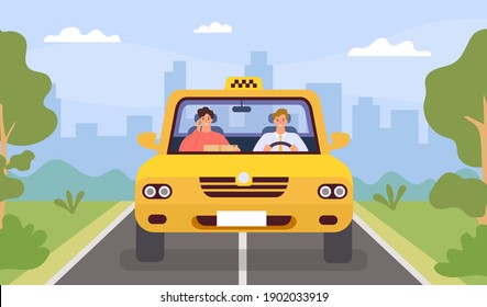 Taxi driver and client. Man drive car and passenger with smartphone. Front view cab in city landscape. Flat cartoon taxi app vector concept. Auto taxi driver and passenger drive in cab illustration