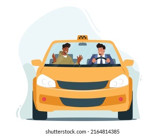 Taxi Driver and Client in Taxi Salon Front View. Man Driving Car Speaking with Passenger. Characters in Taxi Cab. Auto Driver Profession, Transportation Service. Cartoon People Vector Illustration