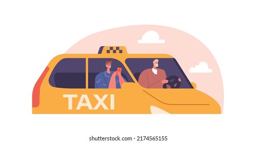 Taxi Fahrer und Kunde in Taxi Salon Seitenansicht. Mann Auto fahren, Passagier mit Smartphone. Zeichen im Taxi-Taxi. Auto Driver Profession, Transportservice. Vektorgrafik von Cartoon People