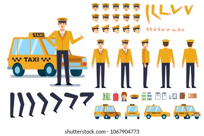 Taxi driver creation kit. Create your own pose, action, animation. Various emotions, gestures, design elements. Flat design vector illustration