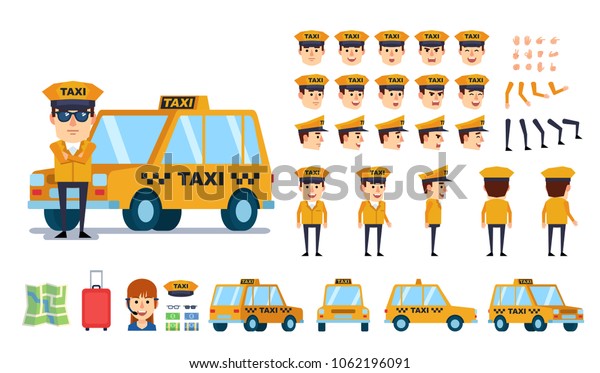 Taxi driver creation kit. Create your own\
pose, action, animation. Various emotions, gestures, design\
elements. Flat design vector\
illustration