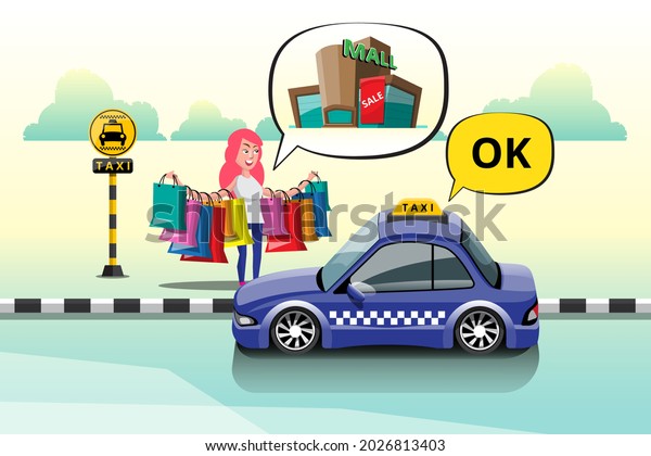 Taxi driver and taxi customers of the service. A\
shopping girl tells a taxi to her shopping mall destination at a\
taxi stand in the city. Business and service concept vector\
illustration in flat\
style