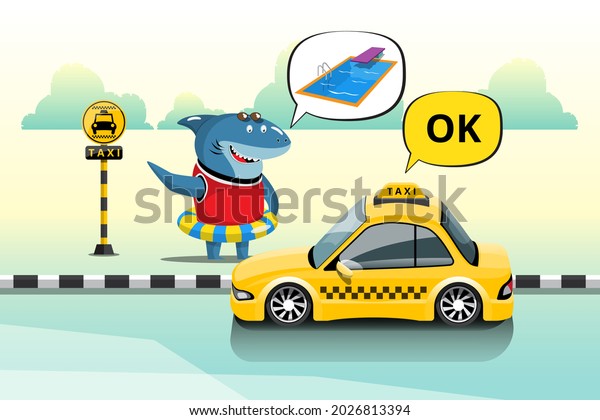 Taxi\
driver and taxi customers of the service. Swimmer sharks tell taxis\
their pool destination at a downtown taxi stand. Business and\
service concept vector illustration in flat\
style.