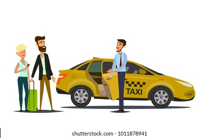 Taxi driver and taxi customers of the service.Vector illustration in flat style.