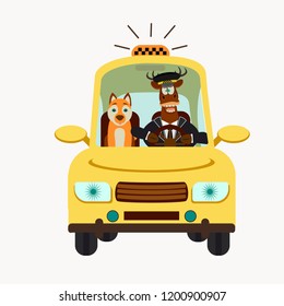 Taxi driver. Deer and dog on front seat. Vector illustration in flat style. Pet travel concept.