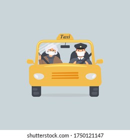 Taxi driver and elderly woman in protective medical masks sitting in front seat in cab seen through windshield.Old lady using taxicab services during virus epidemic. Flat colourful vector illustration