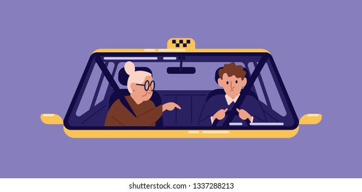 Taxi driver and elderly woman sitting in front seat of cab and talking to him seen through windscreen. Old lady or granny using automobile service. Flat cartoon colorful vector illustration