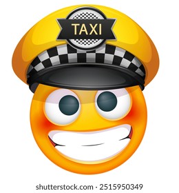 Emoji de taxista sobre fondo blanco. Emoticon con tapa de taxista. Lindo emoticono.