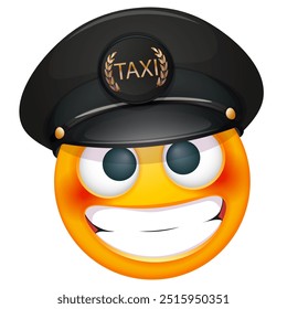 Emoji de taxista sobre fondo blanco. Emoticon con tapa del conductor del chofer. Lindo emoticono.