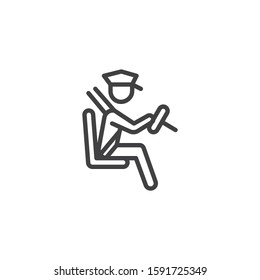 Taxi Driver Fastened By A Seat Belt Line Icon. Linear Style Sign For Mobile Concept And Web Design. Taxi Chauffeur, Driving Car Outline Vector Icon. Symbol, Logo Illustration. Vector Graphics