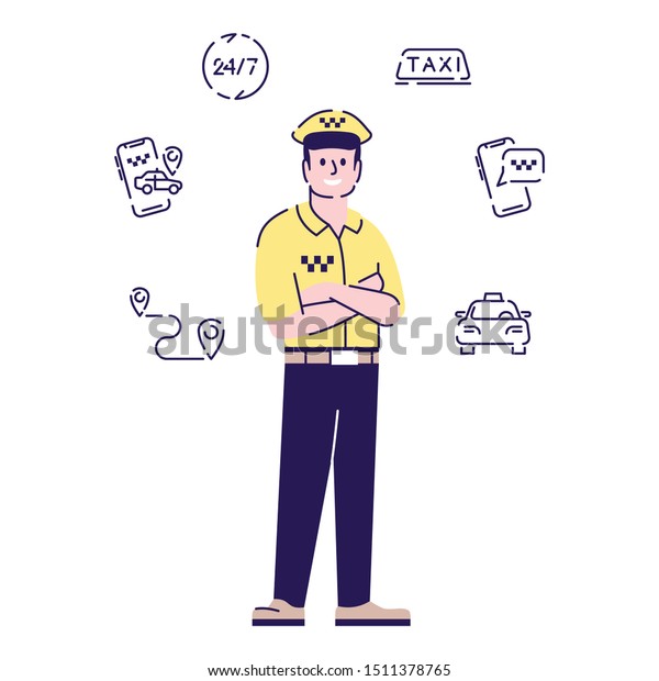 Taxi driver flat vector character. Taxi,\
passengers transportation service worker cartoon illustration with\
outline and linear icons. Chauffeur, cab driver in uniform isolated\
on white background