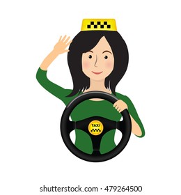 Taxi driver girl holding wheel. Concept background banner for order a taxi. Cartoon illustration of the trip in a taxi.