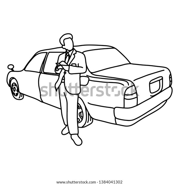 taxi driver\
with his car vector illustration sketch doodle hand drawn with\
black lines isolated on white\
background