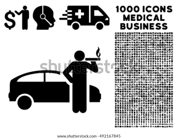 Taxi Driver icon with 1000 medical business\
black vector design elements. Design style is flat symbols, white\
background.