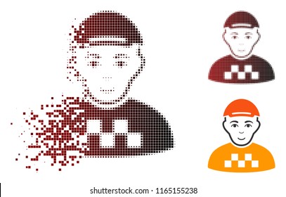 Taxi driver icon with face in dissolved, dotted halftone and undamaged solid variants. Particles are grouped into vector disappearing taxi driver icon.