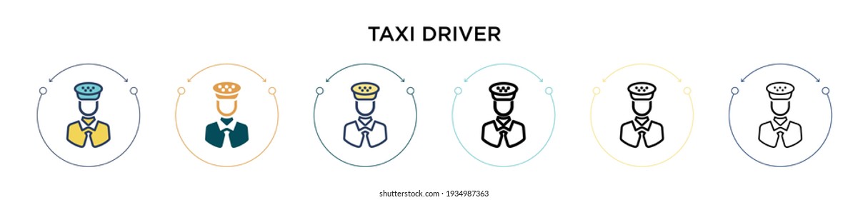 Taxifahrer Symbol in vollem, dünnen Linie, Umriss und Strich Stil. Vektorgrafik zweier farbiger und schwarzer Taxifahrer-Vektorsymbole kann für mobile, iPhone-, web-basierte