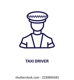 icono del taxista de la colección de profesiones. Delgado taxista lineal, taxi, icono del contorno del conductor aislado en fondo blanco. Señal de controlador de taxi de vector de línea, símbolo para web y móvil