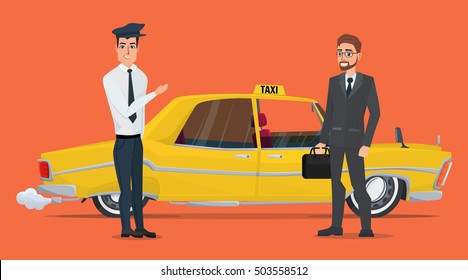 taxi driver invites business people businessman go to car. Vector creative color illustrations flat design in flat modern style.