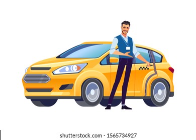 Taxi driver inviting passenger get into car. Yellow car taxi. Taxi service offer. Welcome hand gesture. Business vector illustration, flat design, cartoon style. Isolated background.