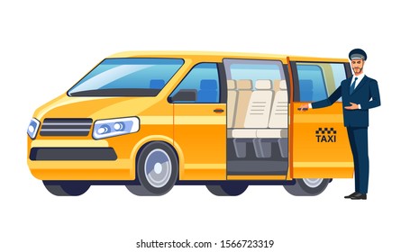 Taxi driver inviting passenger get into spacious minibus. Taxi service offer. Welcome hand gesture. Professional in driving Car. Business vector flat design, cartoon style Isolated illustration.