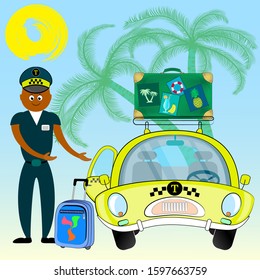 taxi driver inviting passenger get into car. smiling young taxi driver near his car. taxi service. vector illustration.