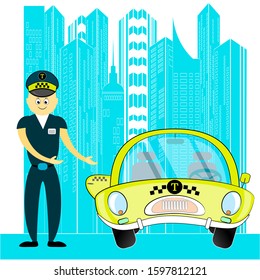 taxi driver inviting passenger get into car. vector illustration. taxi service offer. friendly taxi driver. yellow taxi car.  business vector illustration in  cartoon style.