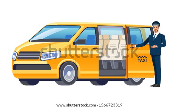 Taxi driver inviting passenger get into\
spacious minibus. Taxi service offer. Welcome hand gesture.\
Professional in driving Car. Business vector flat design, cartoon\
style Isolated\
illustration.