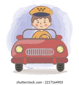 Taxi Driver Kid. Taxi Driver Child Sit Behind The Wheel. Driver With Red Car. Career Day In Kindergarten. Profession. Colorful Isolated Vector Illustration For Kids. 