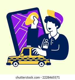 Taxista buscando la ubicación de destino con smartphone. Diseño plano, concepto moderno de ilustración vectorial
