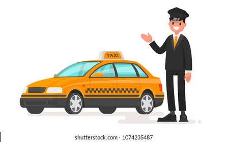 Taxi driver man with a car. Cab. Vector illustration in a flat style