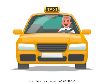 Taxi driver man driving yellow car on an isolated background. Vector illustration in cartoon style