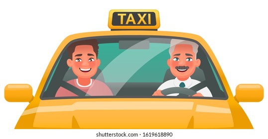 Taxi driver man and passenger ride in a yellow car. Online ordering taxi services through the application. Vector illustration in cartoon style