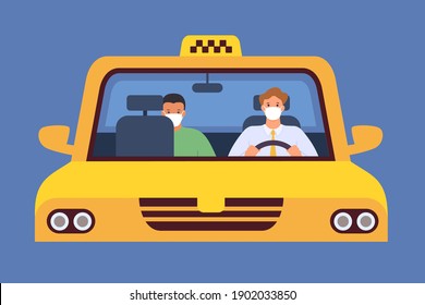 Taxi driver in mask. Virus protection in taxicab service. Passenger sit in distance. Chauffeur and client, new normal vector concept. Illustration driver in mask traffic vehicle